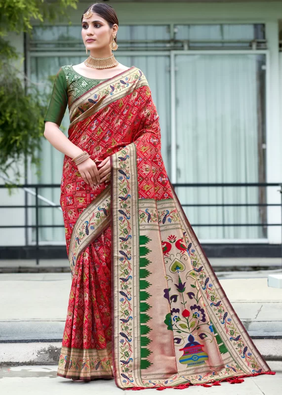 Tango Red Paithani Silk Saree