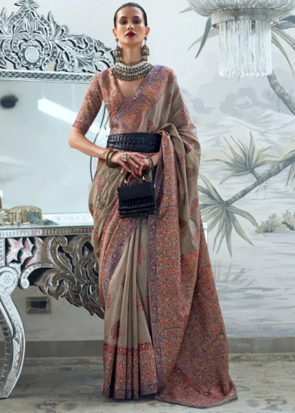 Taupe Kashmiri Jamawar Saree