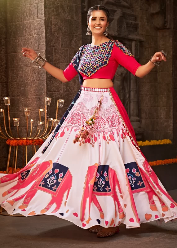 White and Rani Pink Lehenga Choli