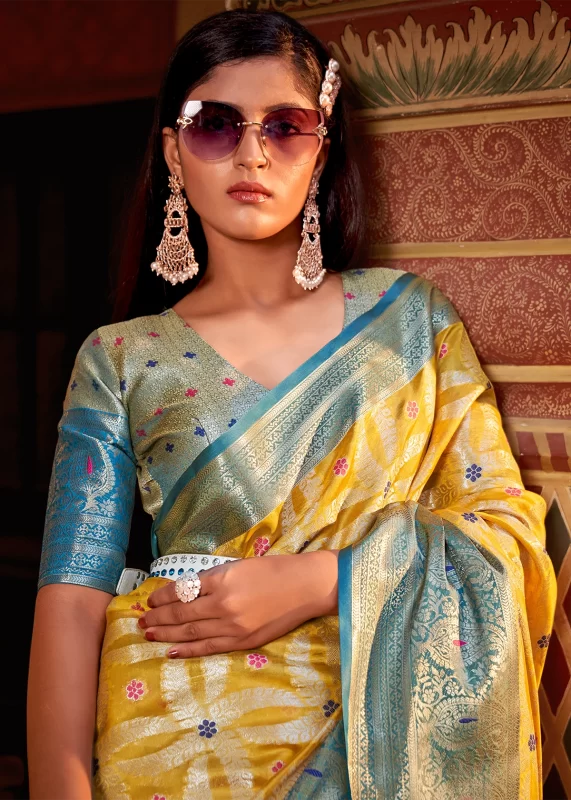 Yellow and Blue Banarasi Saree