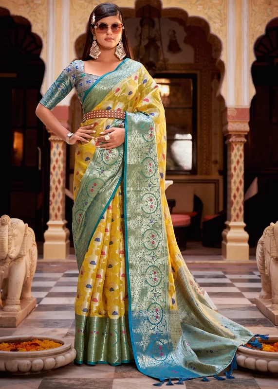 Yellow and Blue Banarasi Silk Saree