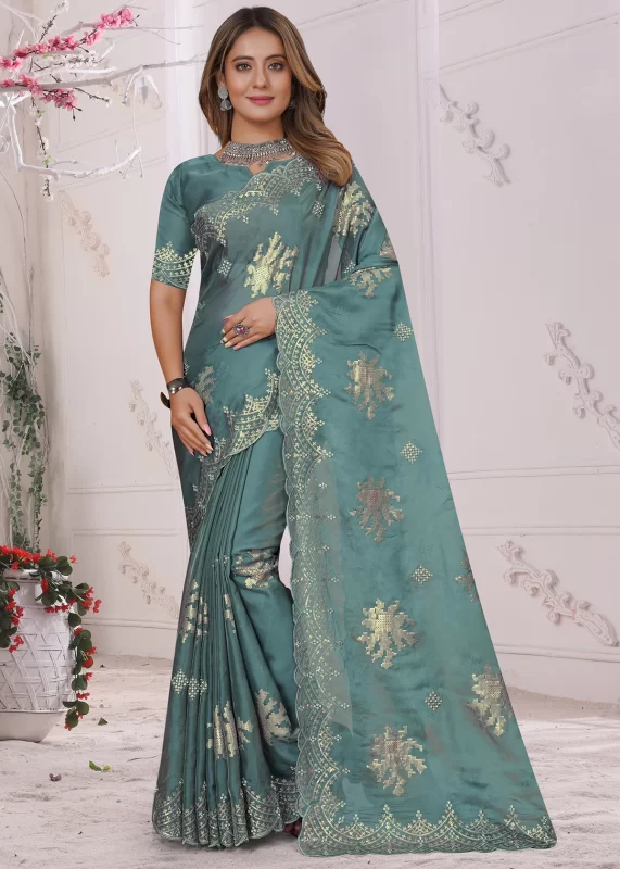 Aqua Blue Embroidered Saree