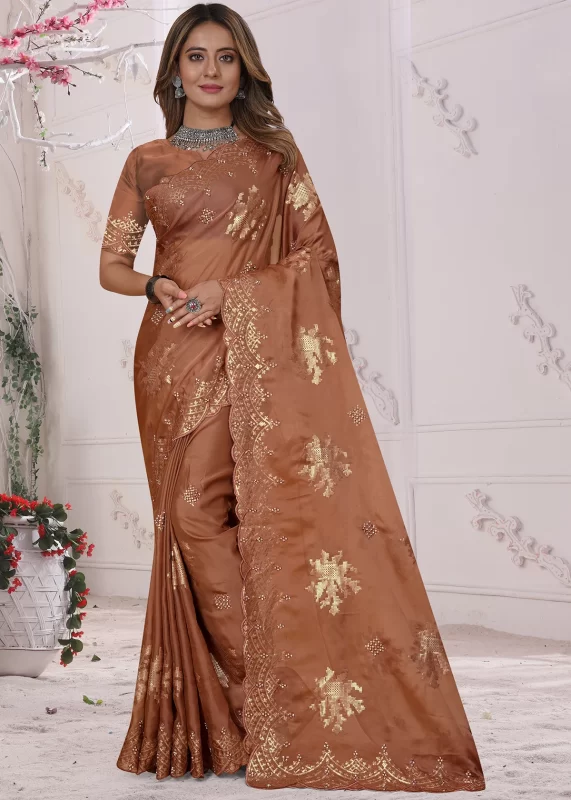 Brown Embroidered Saree