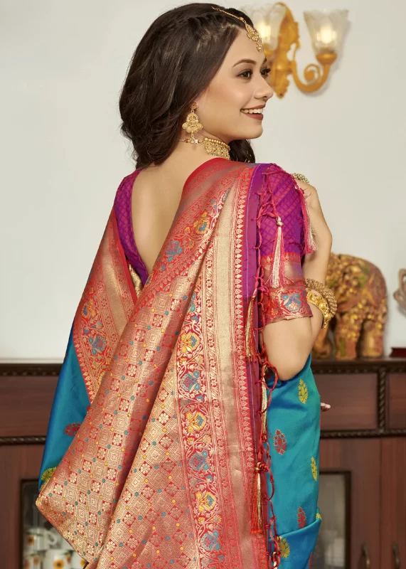 Cyan Blue Banarasi Saree