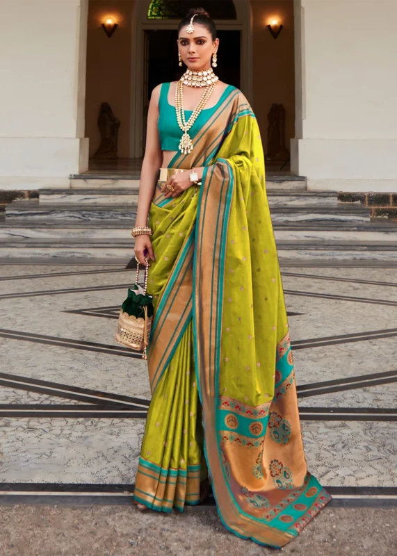 Lime Green Paithani Silk Saree