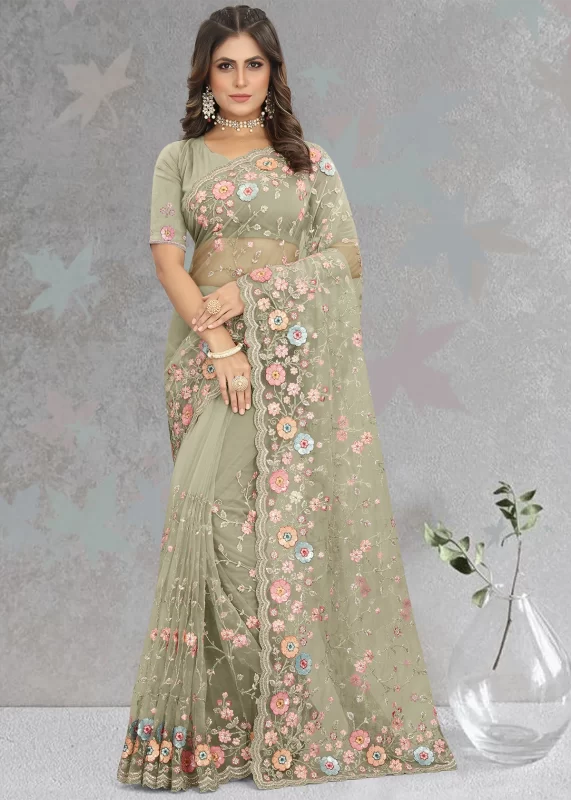 Olive Green Embroidered Saree