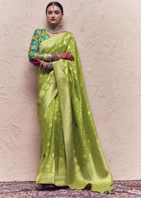 Parrot Green Banarasi Saree