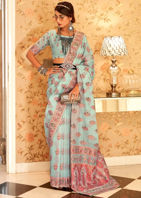 Powder Blue Kashmiri Jamawar Saree