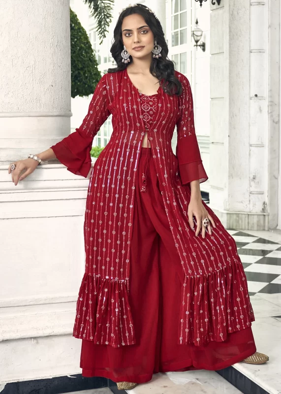 Ruby Red Crop Top Sharara with Shrug