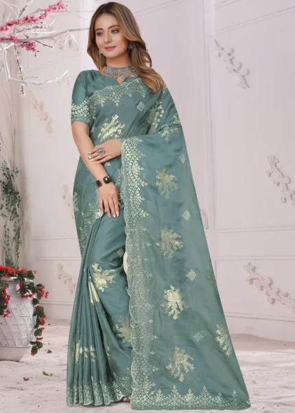 Sea Green Embroidered Saree