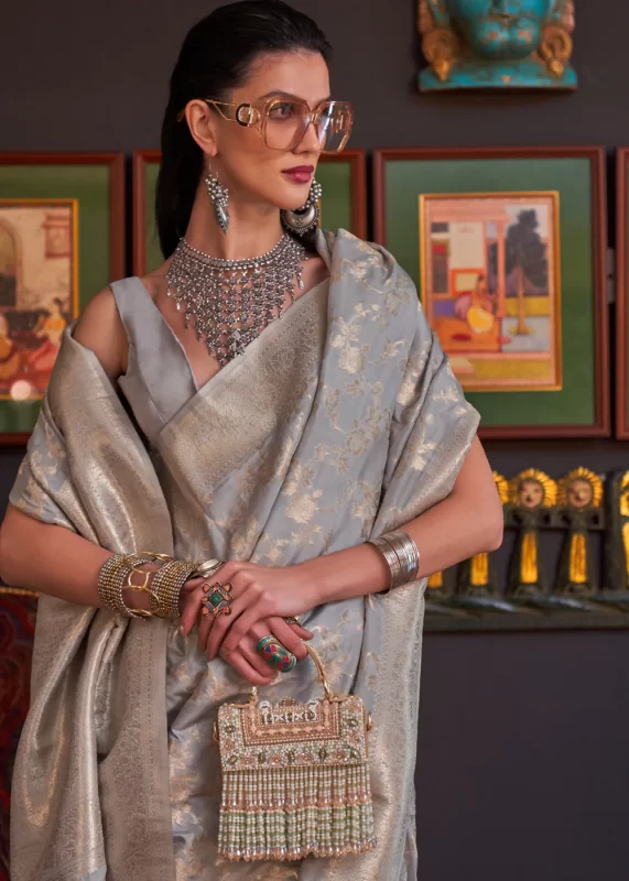 Silver Gray Banarasi Saree