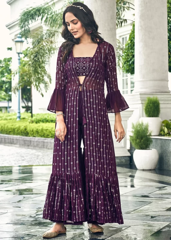 Wine Purple Crop Top Sharara with Shrug