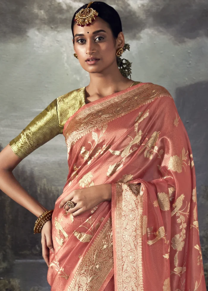 Coral Peach Banarasi Saree