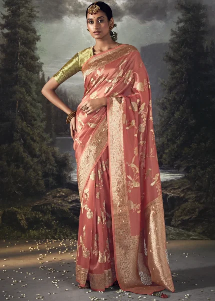 Coral Peach Banarasi Saree