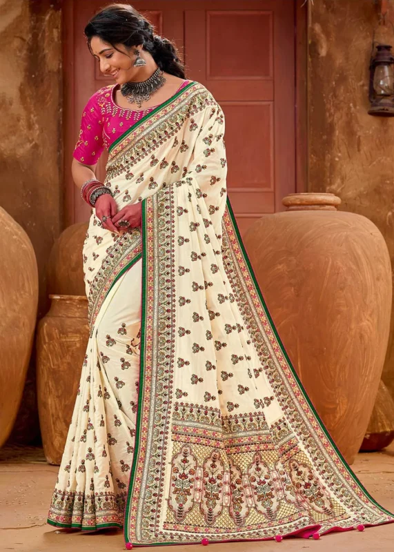 Cream Embroidered Saree with Kacchi Work