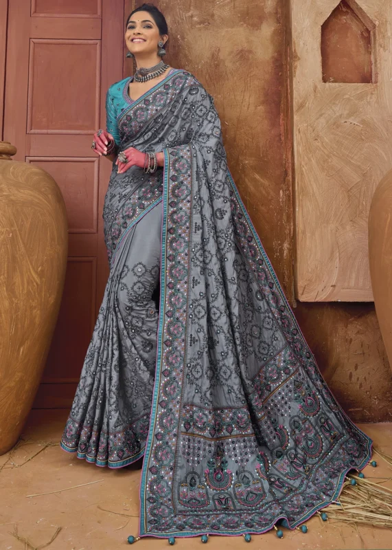 Dark Gray Embroidered Saree