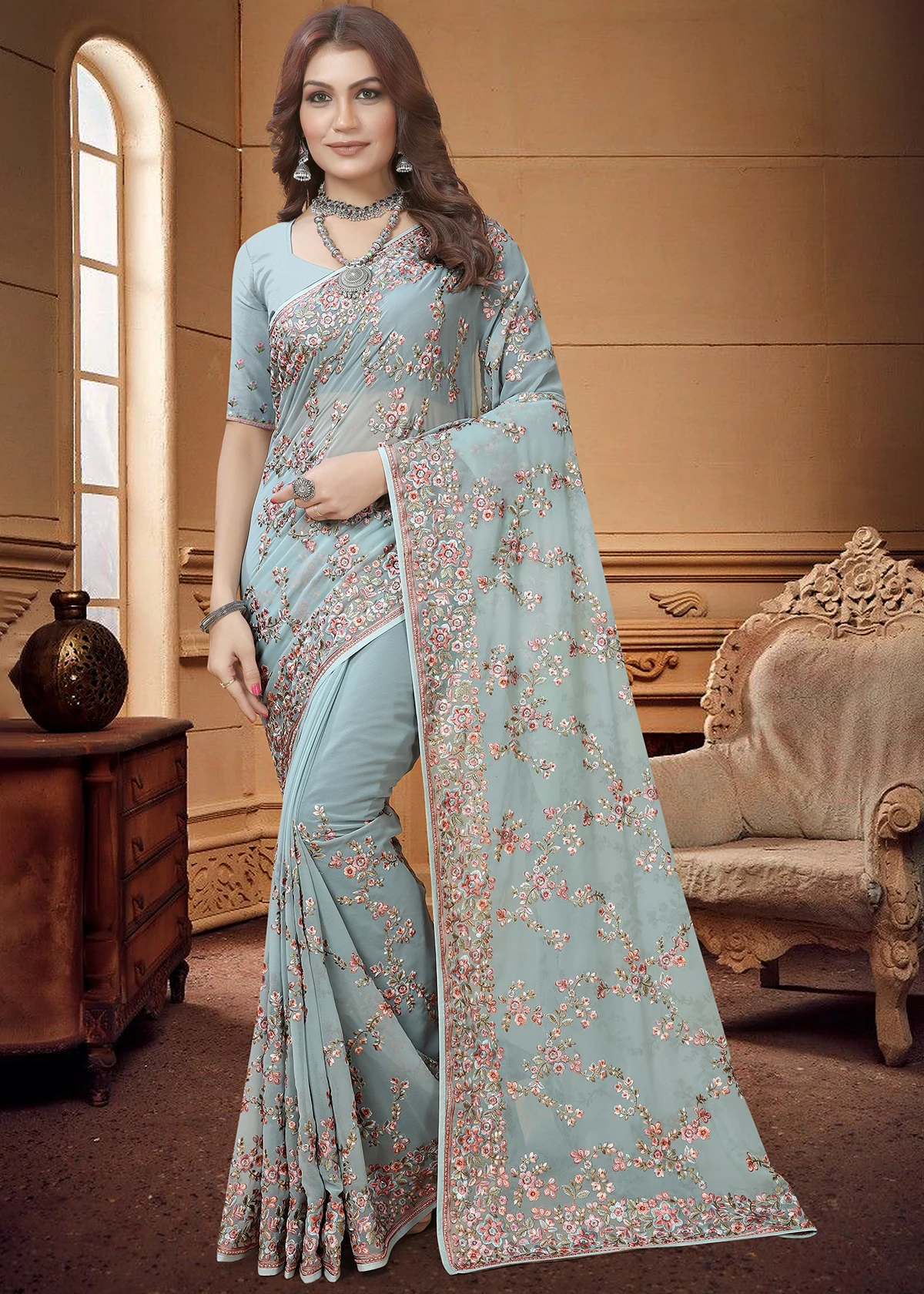 Sky Blue Handloom Khadi Linen Silk Saree With Digital Printed Blouse |  Kolour