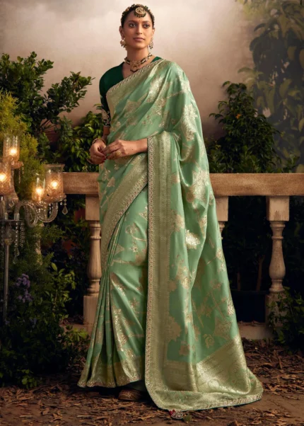 Buy Janasya Rashmika X Saji Saheli - Women's Light Green Banarasi Silk  Woven Floral Design Saree Online at Best Prices in India - JioMart.