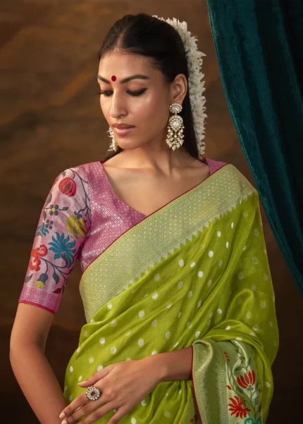 Lime Green Paithani Silk Saree