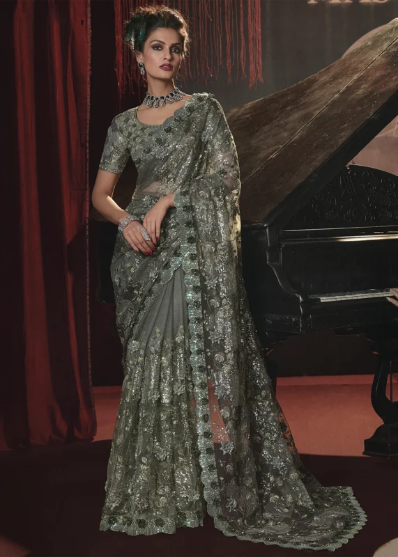 Mehndi Green Embroidered Net Saree