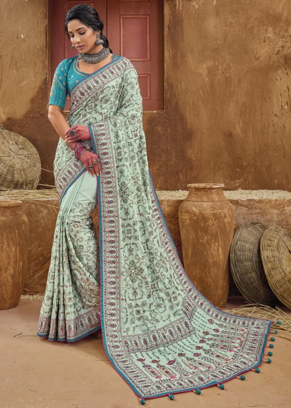 Mint Green Embroidered Saree with Kacchi Work