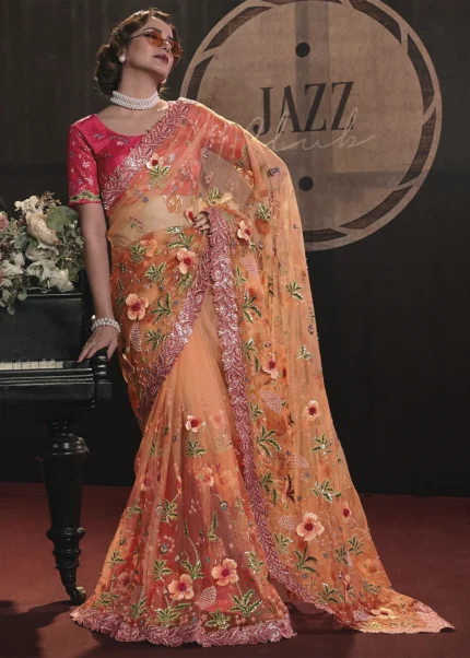 Orange Embroidered Net Saree