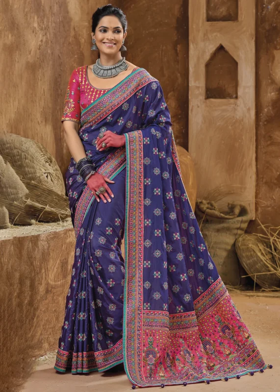 Purple Embroidered Saree with Kacchi Work