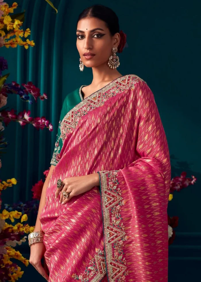 Rani Pink Kanjivaram Silk Saree with Embroidery Work - Urban Womania