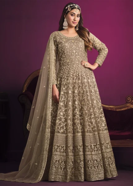 Safari Beige Heavy Embroidery Anarkali