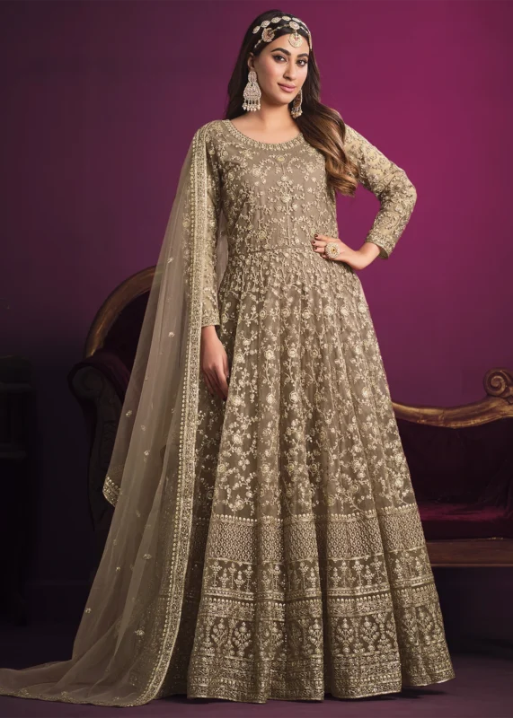 Safari Beige Heavy Embroidery Anarkali