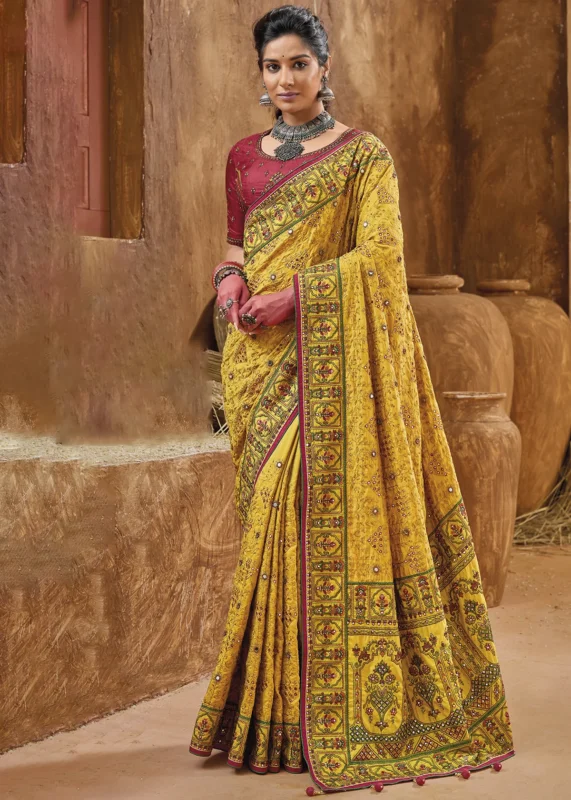 Saffron Yellow Embroidered Saree with Kacchi Work