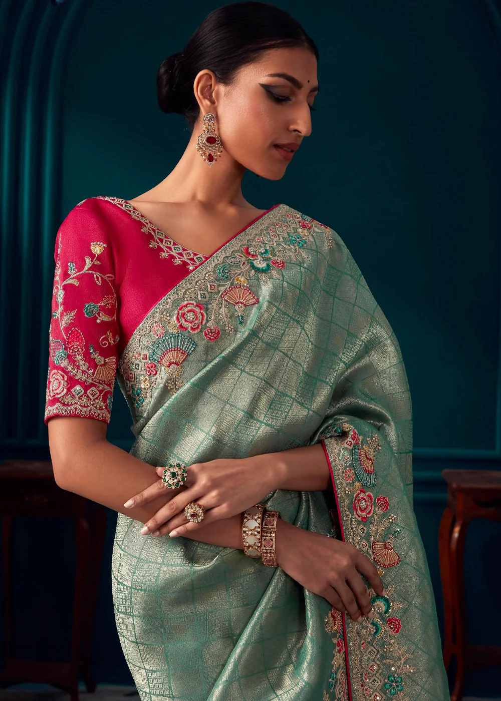 Sea green Saree with Plain Silk - SR25266