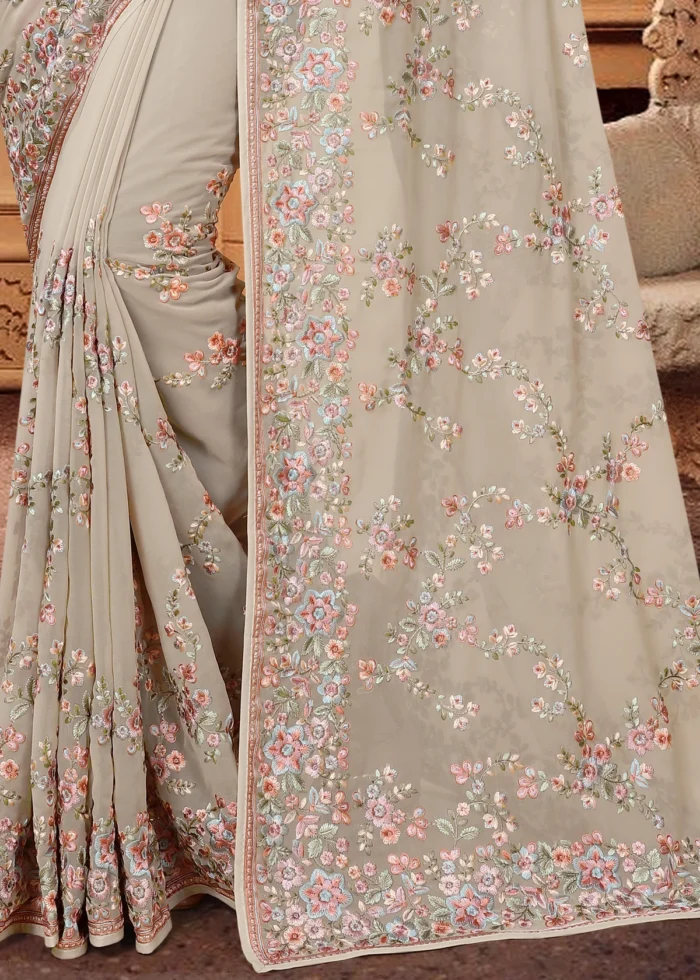 Dusty Beige Embroidered Saree