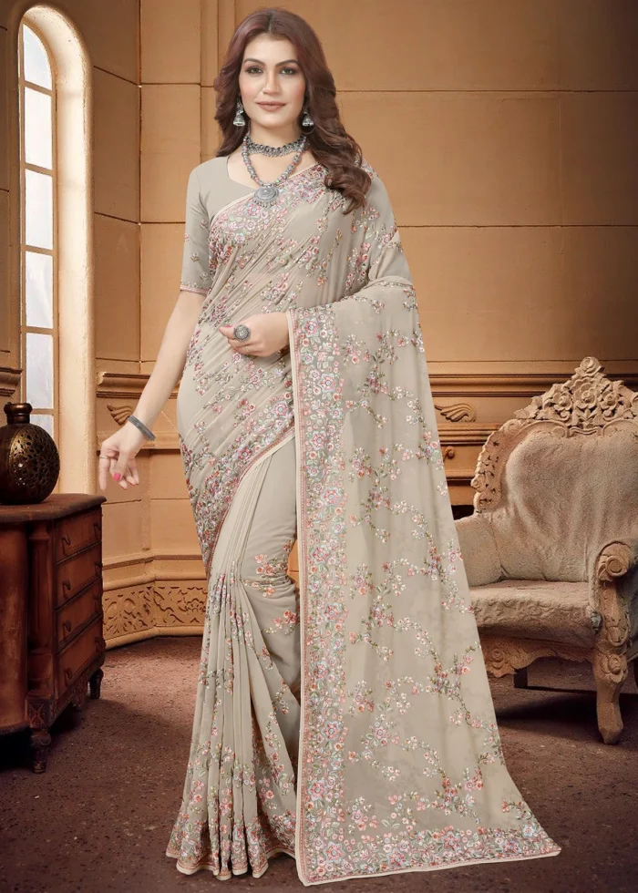 Dusty Beige Embroidered Saree