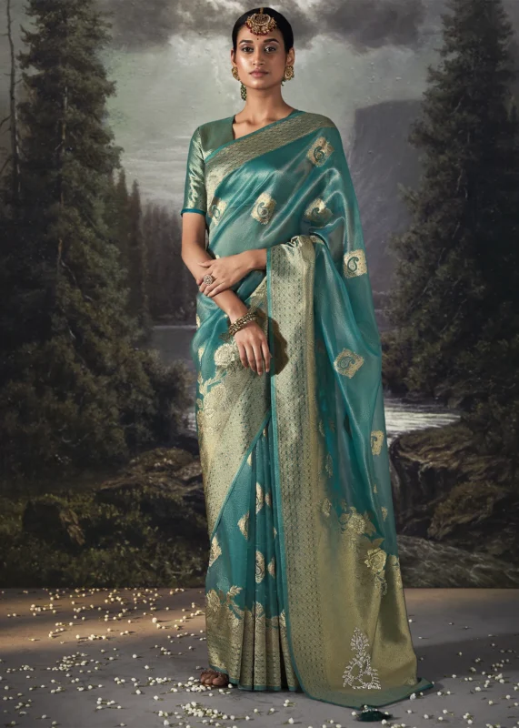 Teal Blue Banarasi Saree