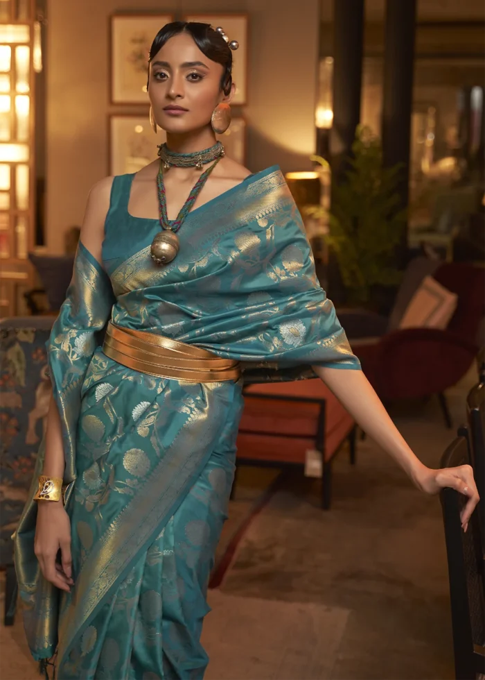 Teal Blue Banarasi Saree