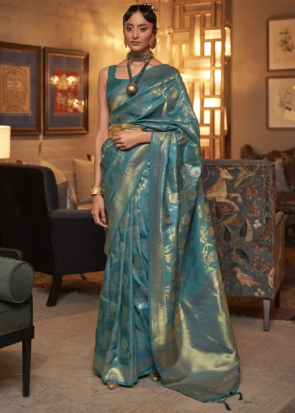 Teal Blue Banarasi Saree