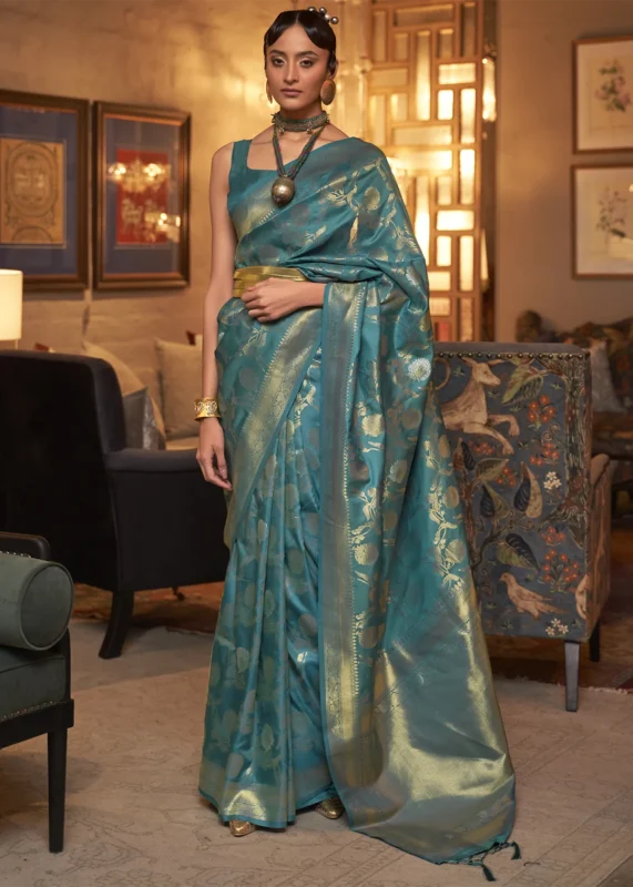 Teal Blue Banarasi Saree