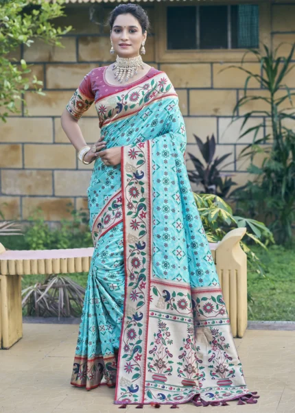 Aqua Blue Patola Silk Saree