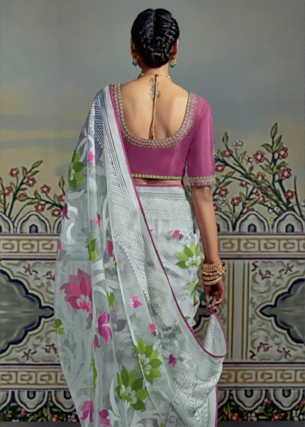 Buy Designer Saree | Blue And Pink Crystal Stone Brasso Saree At Hatkay