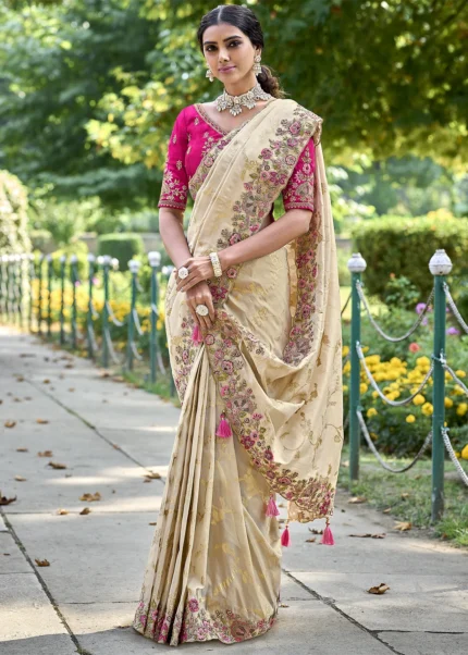 FAWN BEIGE WOVEN BANARASI SILK SAREE – Zaribanaras global