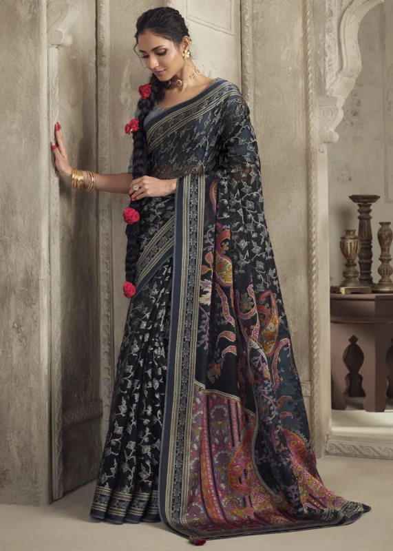 Charcoal Black Organza Brasso Saree