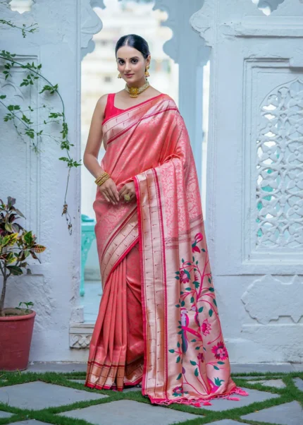 Coral Peach Paithani Silk Saree