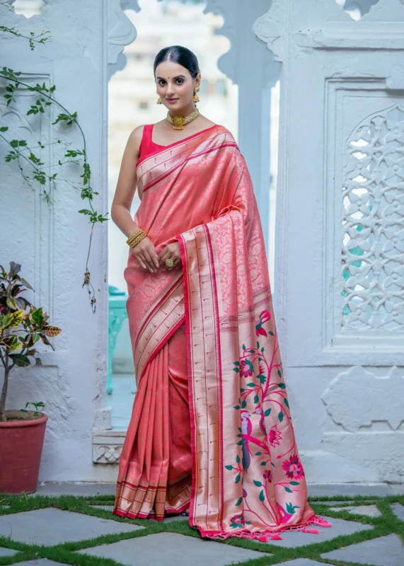 Coral Peach Paithani Silk Saree