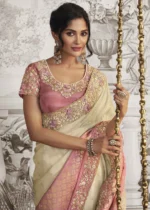 Cream and Pink Embroidered Silk Saree