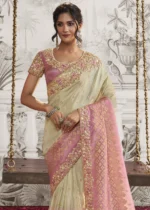 Cream and Pink Embroidered Silk Saree