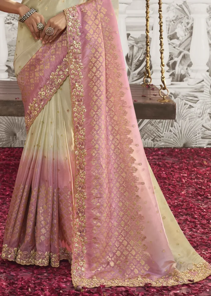 Cream and Pink Embroidered Silk Saree