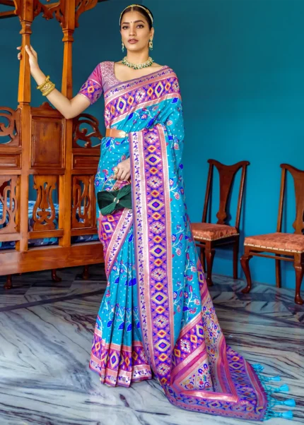 Buy Cyan Blue Organza Saree online-Karagiri