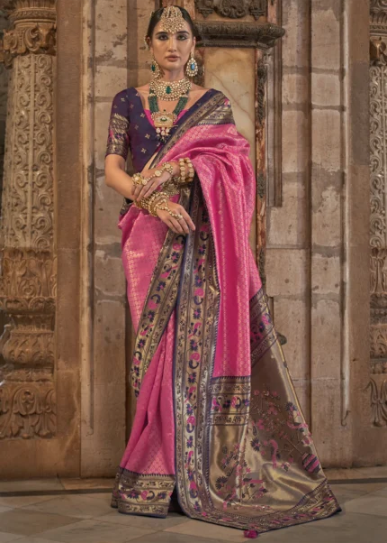 Red With Green Satin Silk Solid Banarasi Saree With Beautiful Embroide -  House of Begum's