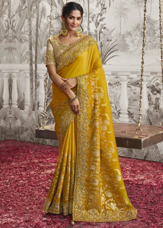 Golden Yellow Embroidered Silk Saree